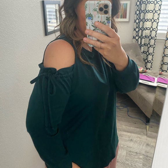 XHILARATION Bow Sleeve Dark Teal Cold Shoulder Top - Picture 2 of 4